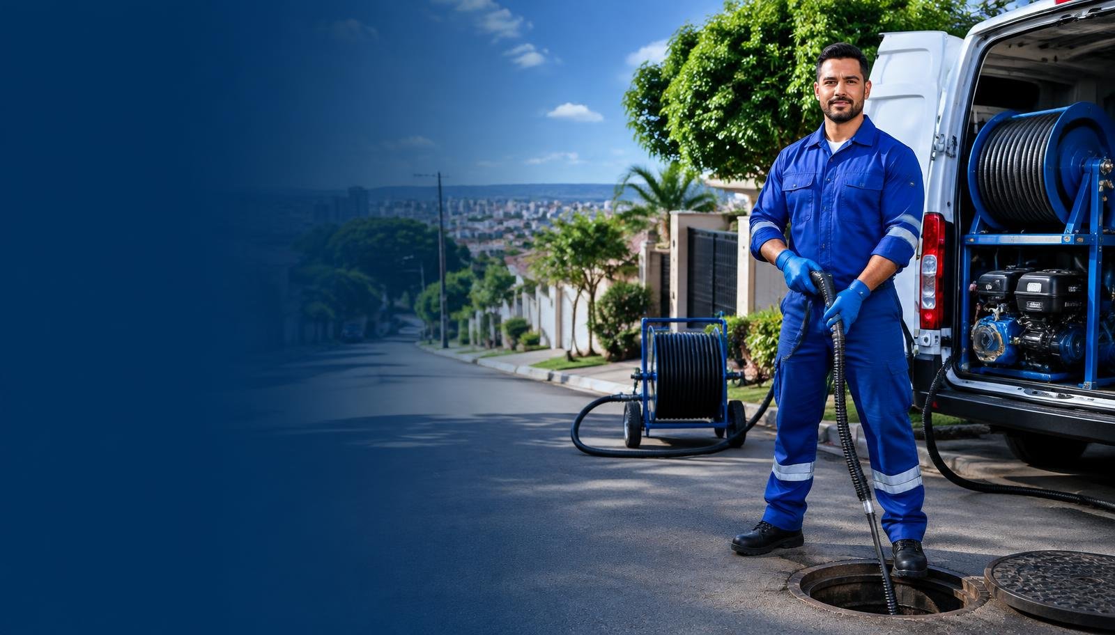 Profissional da Desentupidora Hidrodaxii com equipamento de hidrojateamento em Uberlândia